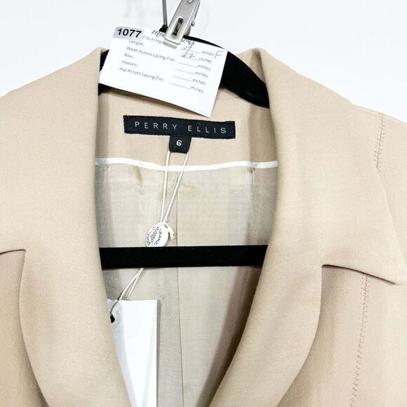 Perry Ellis Jacket Blazer Womens 6 Camel Tan Career Long New Single Breasted - Picture 2 of 8